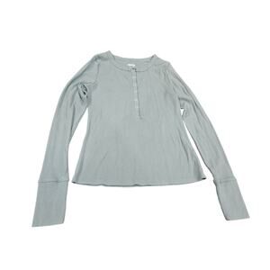 Y2K Soft Girl Ribbed Henley Long Sleeve Top Teal Button Front Stretch M